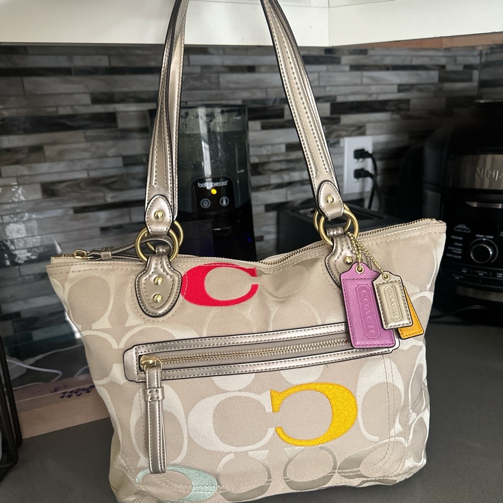 Coach Beige Shoulder Bag with Multicolor Accents